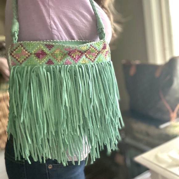 En Shalla Buttery-Soft Aqua Leather Embroidered Boho Handbag w/Fringe - Picture 2 of 6